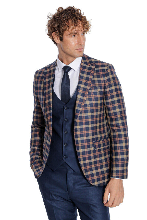 Checked Blazer Slim Fit Navy Blue Men Suit - Wessi