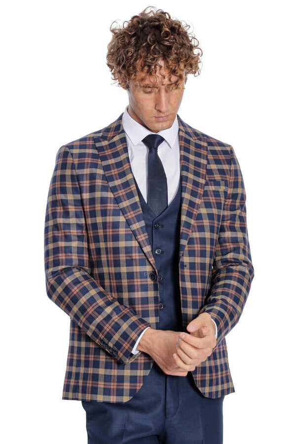 Checked Blazer Slim Fit Navy Blue Men Suit - Wessi