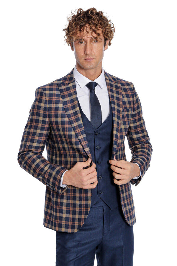 Checked Blazer Slim Fit Navy Blue Men Suit - Wessi