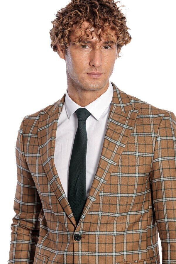 Checked Brown Men Blazer - Wessi