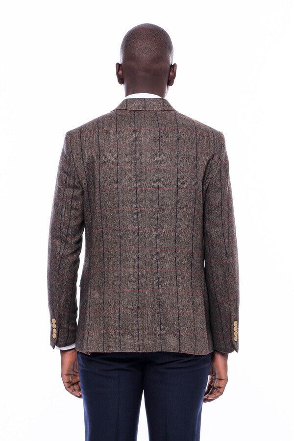 Checked Brown Slim-Fit Men's Blazer - Wessi