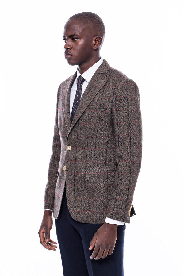 Checked Brown Slim-Fit Men's Blazer - Wessi