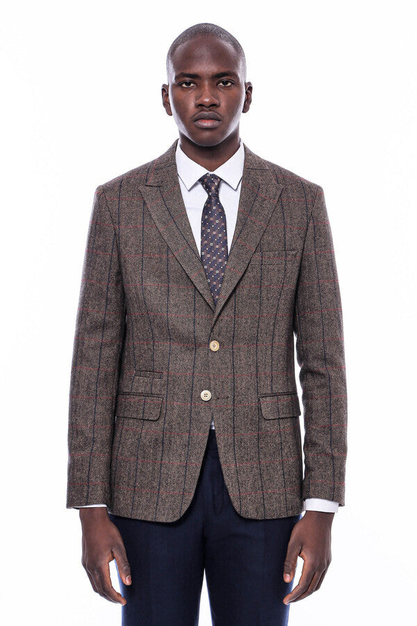 Checked Brown Slim-Fit Men's Blazer - Wessi