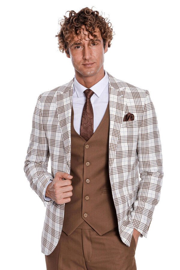 Checked Slim Fit Brown Men Suit - Wessi