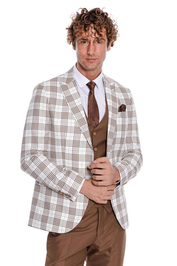 Checked Slim Fit Brown Men Suit - Wessi