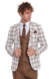 Checked Slim Fit Brown Men Suit - Wessi