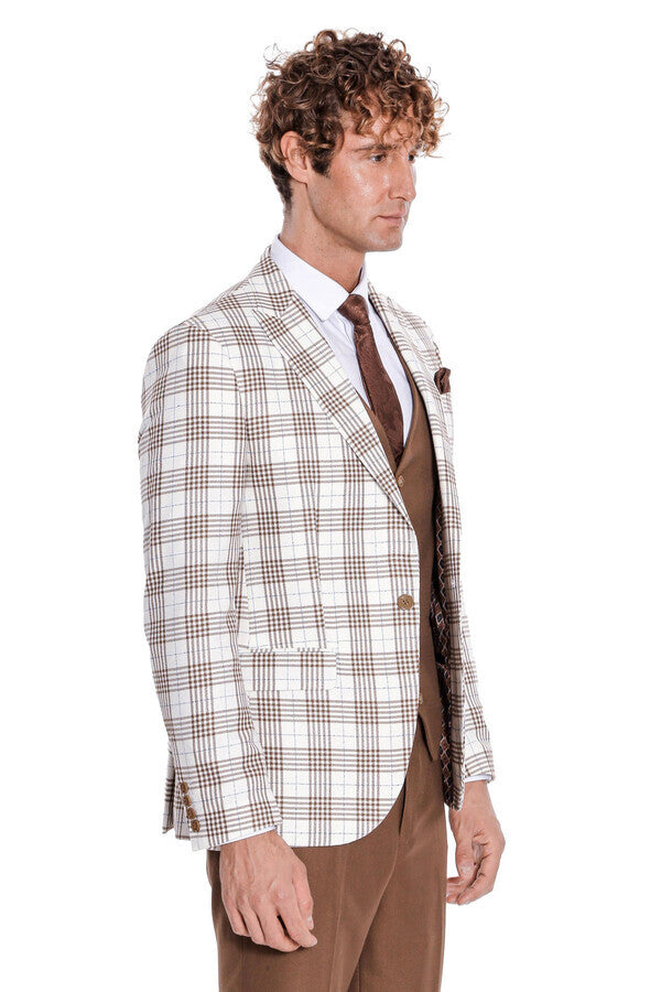 Checked Slim Fit Brown Men Suit - Wessi