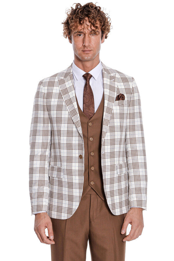 Checked Slim Fit Brown Men Suit - Wessi