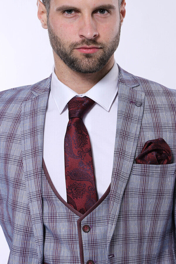 Checked Burgundy Men Suit - Wessi