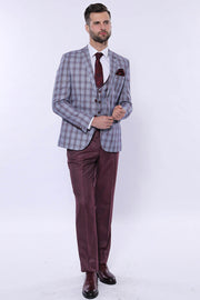 Checked Burgundy Men Suit - Wessi