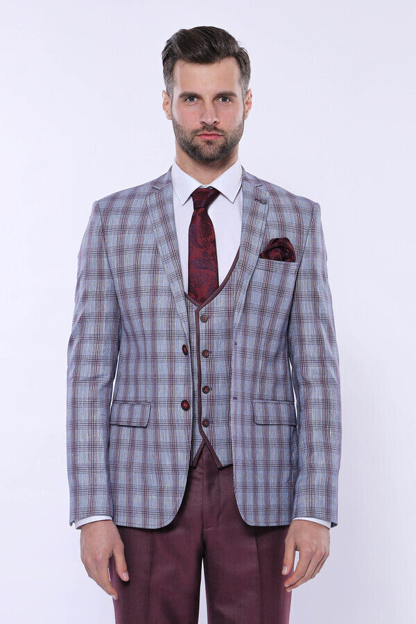 Checked Burgundy Men Suit - Wessi