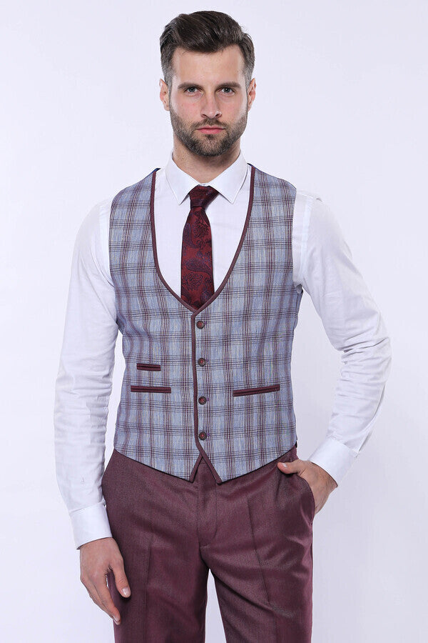 Checked Burgundy Men Suit - Wessi