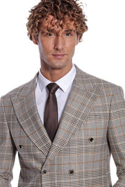 Checked Double Breasted Brown Men Blazer - Wessi