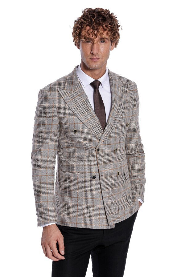 Checked Double Breasted Brown Men Blazer - Wessi