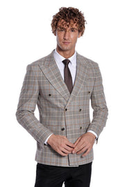 Checked Double Breasted Brown Men Blazer - Wessi