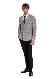 Checked Double Breasted Brown Men Blazer - Wessi