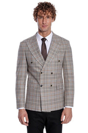 Checked Double Breasted Brown Men Blazer - Wessi