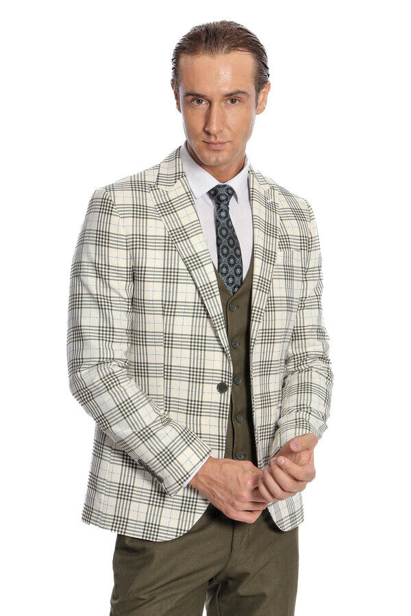 Checked Slim Fit Green Men Suit - Wessi