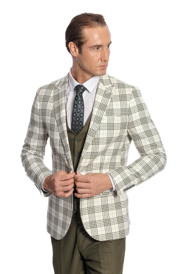 Checked Slim Fit Green Men Suit - Wessi