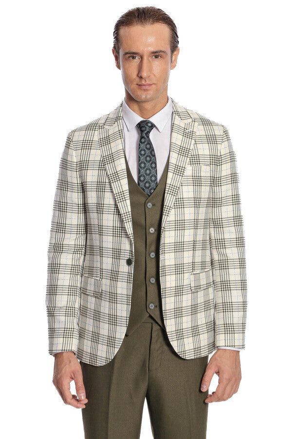 Checked Slim Fit Green Men Suit - Wessi