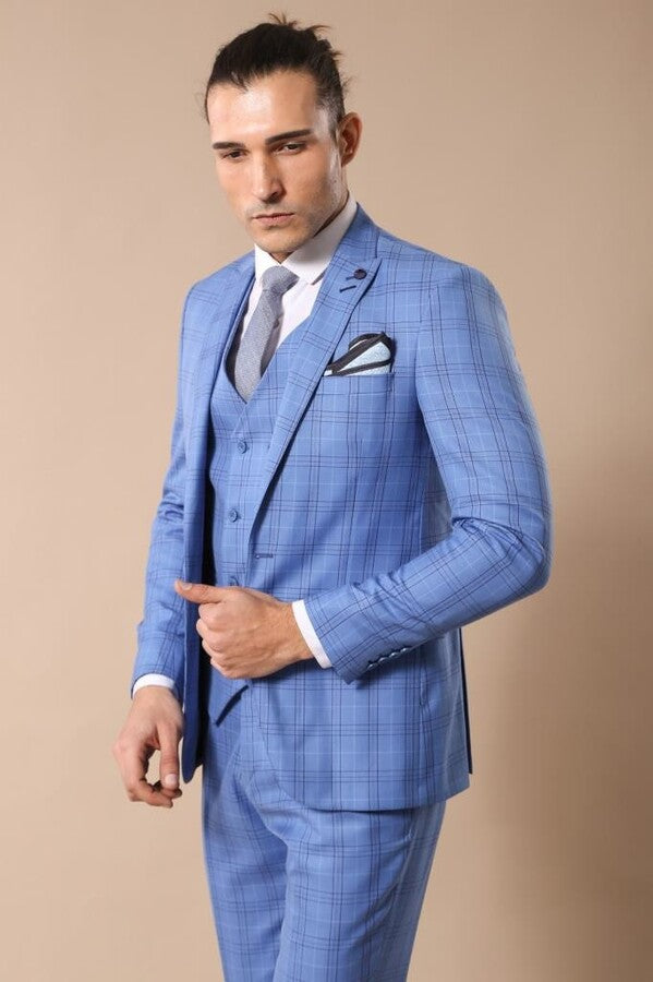 Checked Light Blue Men Suit - Wessi