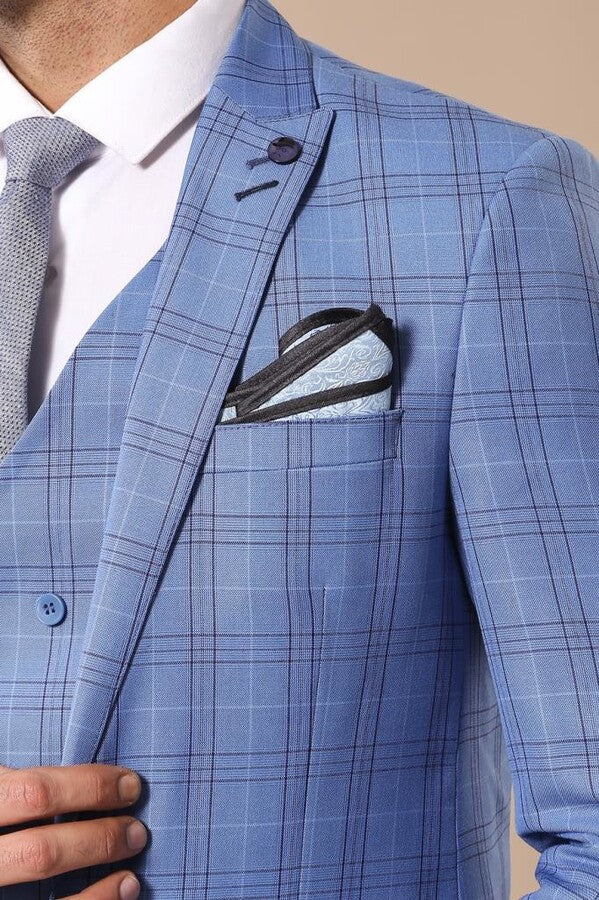 Checked Light Blue Men Suit - Wessi