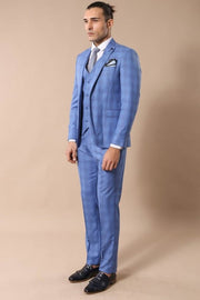 Checked Light Blue Men Suit - Wessi