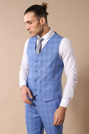 Checked Light Blue Men Suit - Wessi