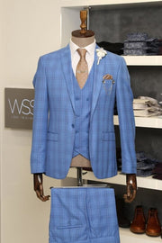 Checked Light Blue Men Suit - Wessi