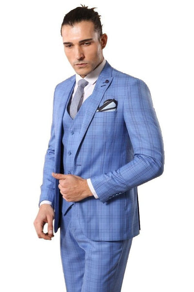 Checked Light Blue Men Suit - Wessi