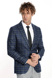 Checked Navy Blue Men Blazer - Wessi