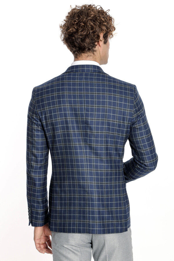 Checked Navy Blue Men Blazer - Wessi