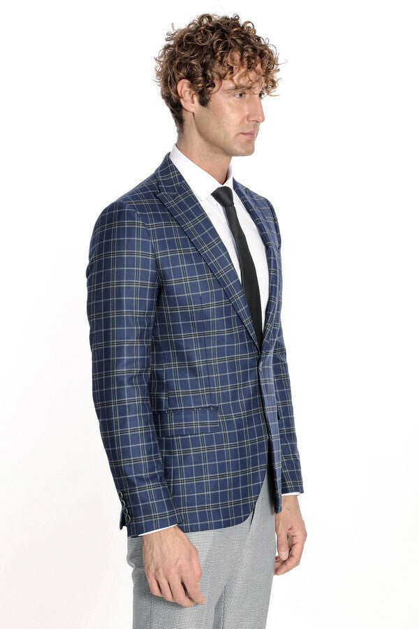 Checked Navy Blue Men Blazer - Wessi