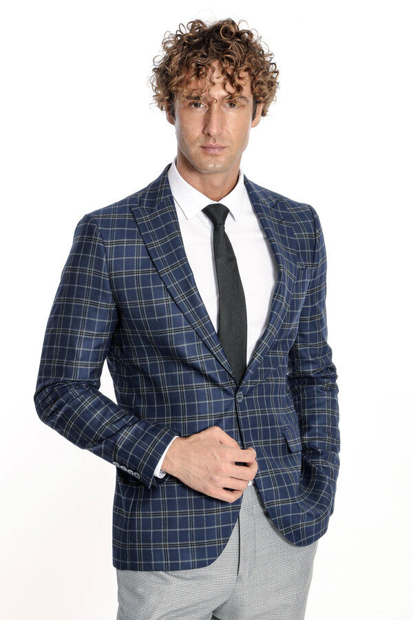 Checked Navy Blue Men Blazer - Wessi