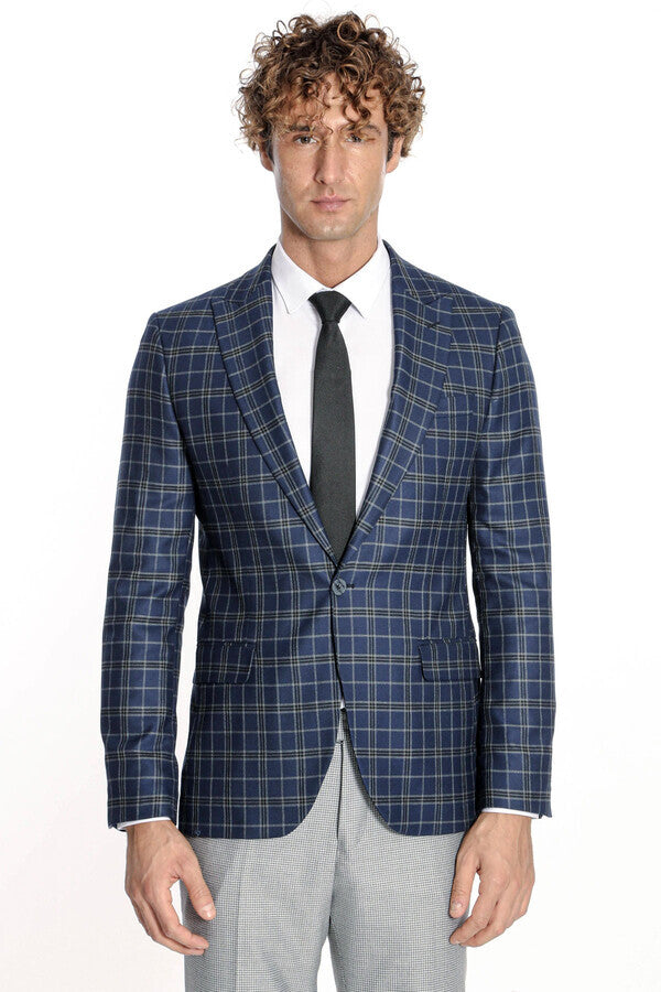 Checked Navy Blue Men Blazer - Wessi