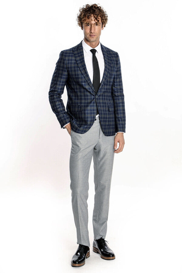 Checked Navy Blue Men Blazer - Wessi