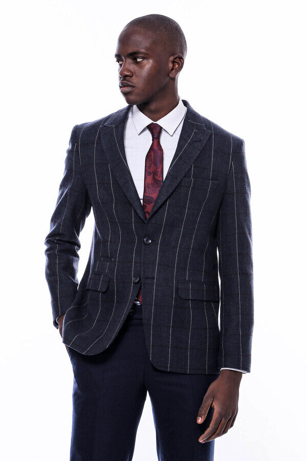 Checked Navy Blue Slim-Fit Blazer - Wessi