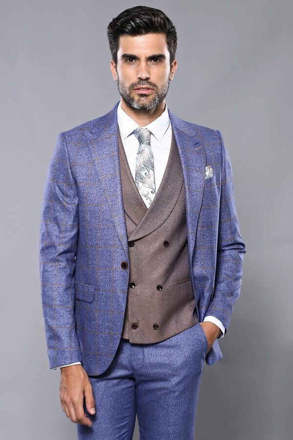 Checked Blue Men's Suit - Wessi