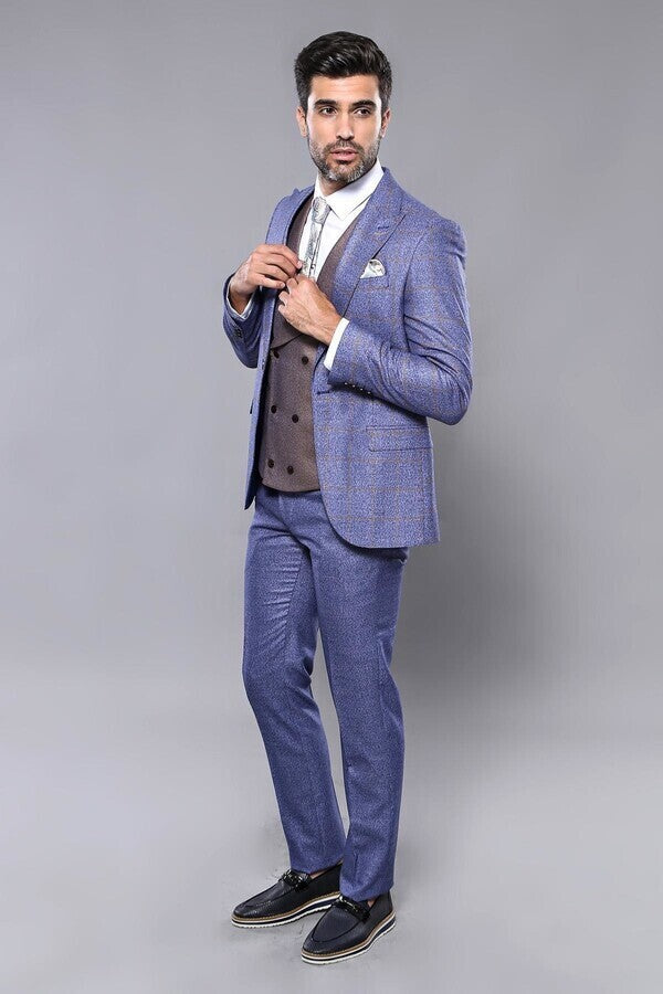 Checked Blue Men's Suit - Wessi