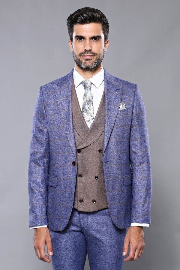 Checked Blue Men's Suit - Wessi