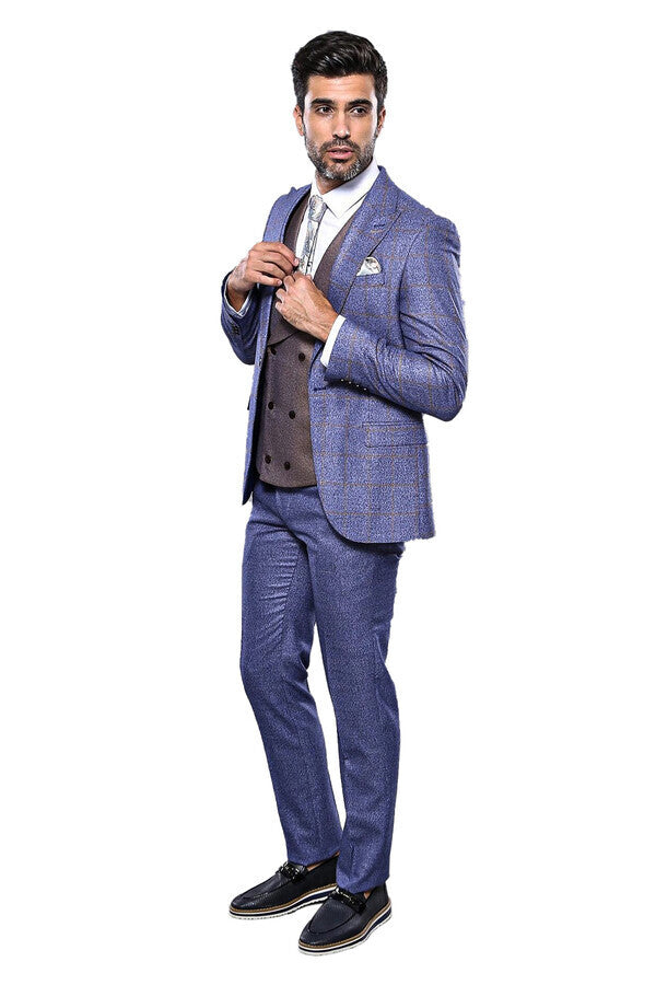 Checked Blue Men's Suit - Wessi