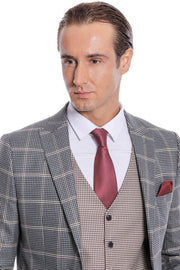 Checked Patterned Beige Vested Slim Fit Grey Men Suit - Wessi