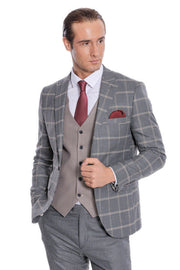 Checked Patterned Beige Vested Slim Fit Grey Men Suit - Wessi