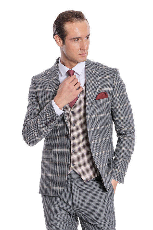 Checked Patterned Beige Vested Slim Fit Grey Men Suit - Wessi