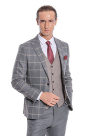 Checked Patterned Beige Vested Slim Fit Grey Men Suit - Wessi