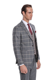 Checked Patterned Beige Vested Slim Fit Grey Men Suit - Wessi