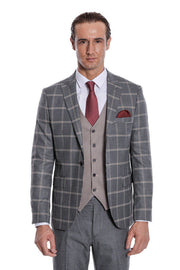 Checked Patterned Beige Vested Slim Fit Grey Men Suit - Wessi