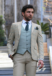 Checked Patterned Slim Fit Beige Men Suit - Wessi