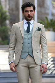 Checked Patterned Slim Fit Beige Men Suit - Wessi