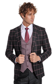 Checked Patterned Slim Fit Black Men Suit - Wessi